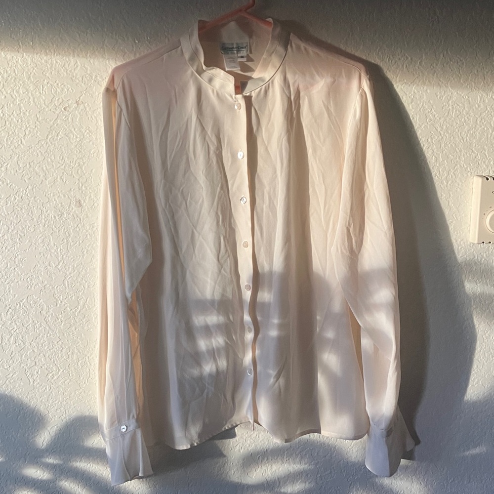 Coldwater Creek 100% Silk Ivory Button Down w. Ruffle Cuffs Shirt women's 16
